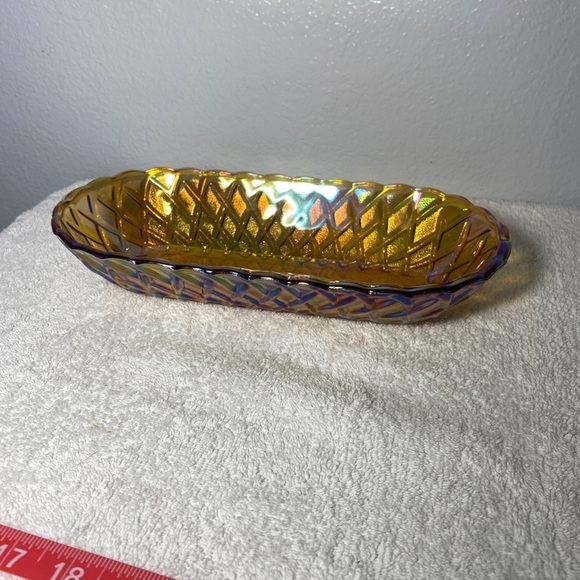 Vintage Indiana Glass Amber Carnival Celery Bread Dish Bowl Basket Weave - Picture 8 of 8